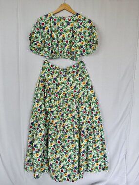 S/W/F Resurgence Floral Print Puff Sleeve Crop Blouse Maxi Skirt Cord Set Small